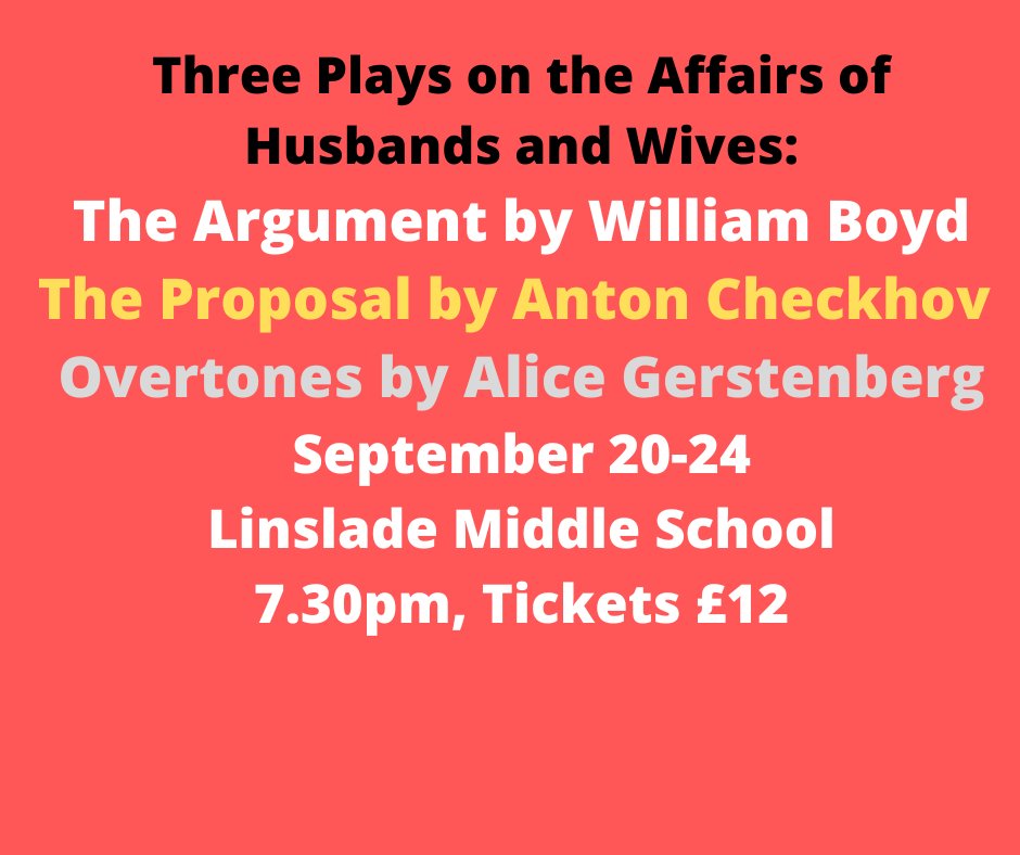 LBDramaGroup's tweet photo. Three shows in one at the intimate Linslade (MIddle) School Drama Studio, all about the wonders of marriage!

September 20-24 at 7.30pm
Tickets (£12) at: https://t.co/bJuslamjw5

Running Time: 2 hours plus interval
(adult themes and strong language) https://t.co/9d1svJ2S7i