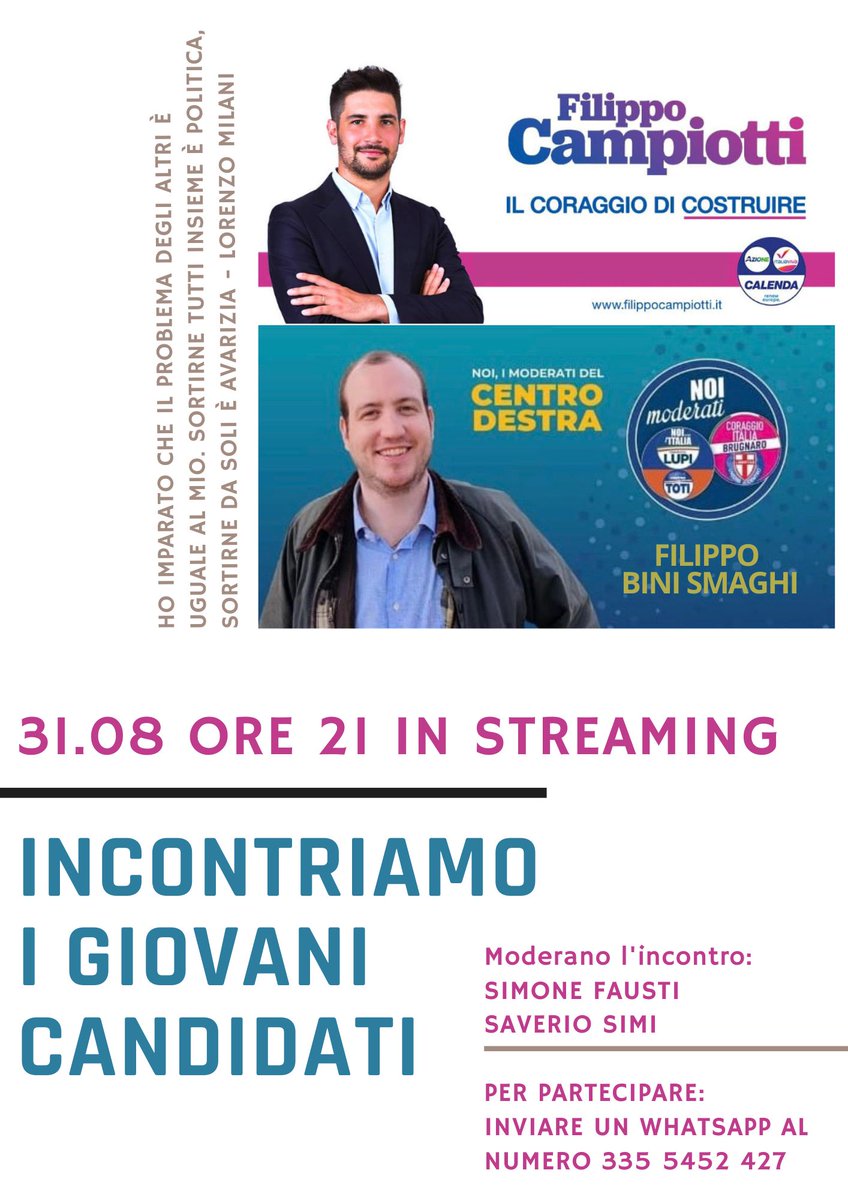 Perchè candidarsi a 28 anni? In molti mi fanno questa domanda: ne parliamo insieme domani 31.08 alle ore 21 in questo bell'incontro in streaming. Se vuoi partecipare, invia un whatsapp al numero 3355452427 #TerzoPolo #ItaliaSulSerio