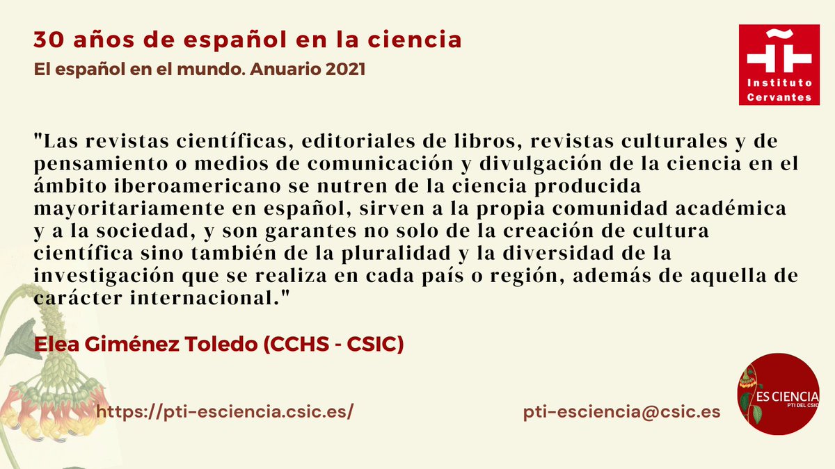 ESCiencia_CSIC's tweet image. 30 años de español en la #ciencia cvc.cervantes.es/lengua/anuario…, por @ILIA_CSIC para el Anuario de @InstCervantes 2021. El español en el mundo. 🗺️🗣️

#AccesoAbierto #InAllLanguages