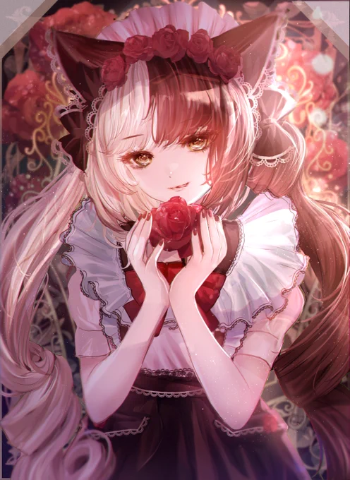 今月描いた薔薇の乙女の再掲です猫耳×メイド服風の薔薇の妖精ファッションをイメージしました。#今月描いた絵を晒そう#今月描いた絵を晒す #お絵描き 
