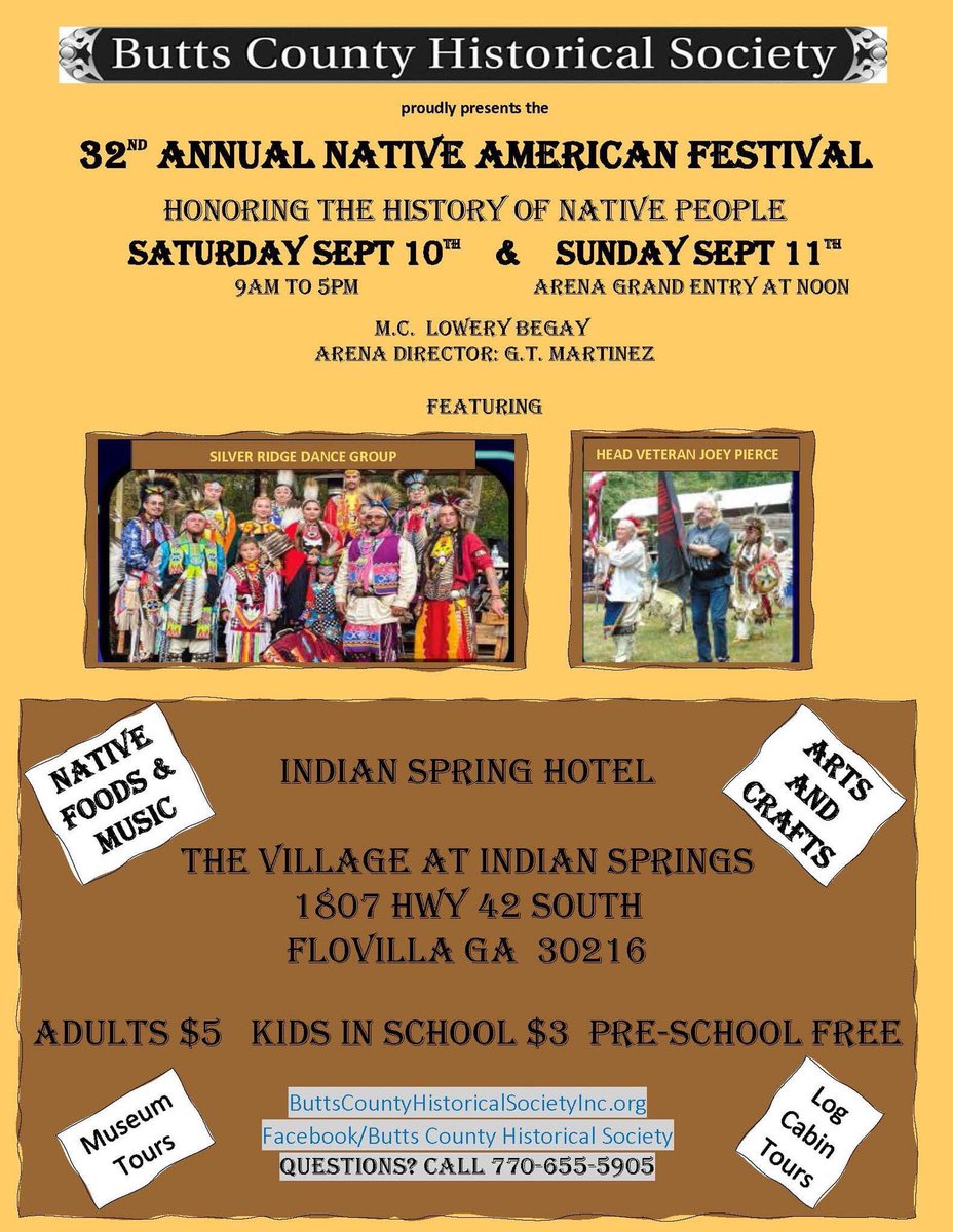 JMichaelBrewer's tweet photo. The 32nd Annual Native American Festival is on for September 10th and 11th at the County’s Historic Indian Springs Hotel and the Village at Indian Springs. This is a great family-friendly event and an opportunity to learn about the history of Indian Springs. #ButtsCountyGa https://t.co/luHZMu5giG
