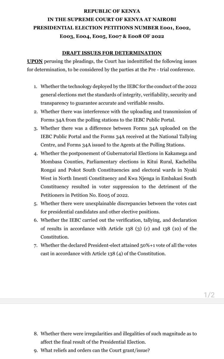Presidential Petition: Issues for determination to be considered by the parties at the Pre-Trial Conference.