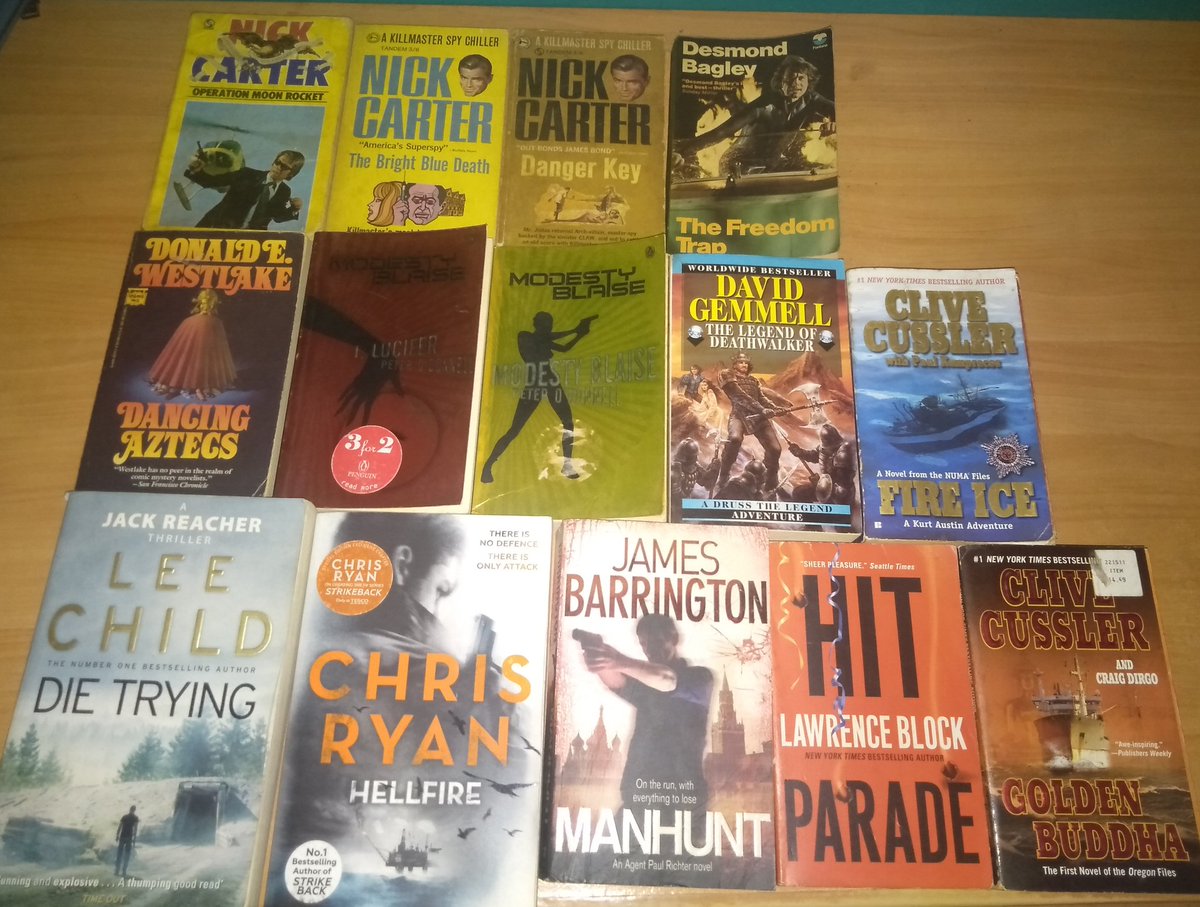 KronosAnanth's tweet photo. Birthday book haul. 😁
#NickCarter #DesmondBagley #DonaldEWestlake #ModestyBlaise #DavidGemmell #CliveCusser #LeeChild 
#ChrisRyan #JamesBarrington #LawrenceBlock 
#ActionThrillers #readingcommunity https://t.co/QRnmQa6uXJ