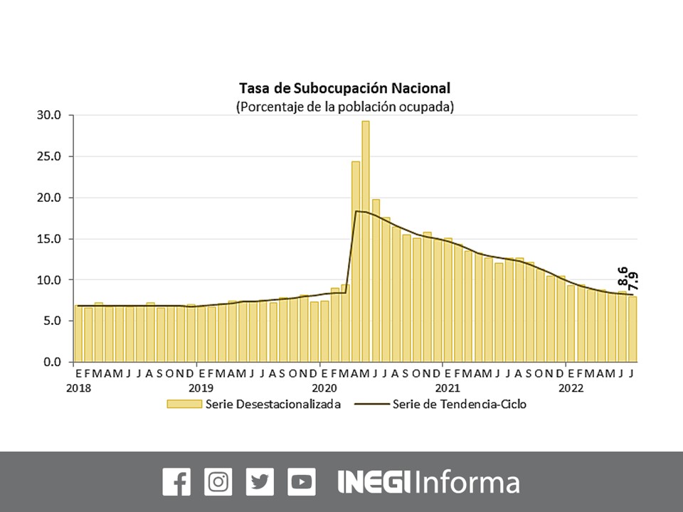 INEGI_INFORMA's tweet photo. En julio de 2022 y con cifras originales, la #PEA fue de 59.5 millones de personas, de esta, 57.4 millones de personas (96.6%) estuvieron ocupadas. Consulta los resultados de la Encuesta Nacional de Ocupación y Empleo #ENOE: https://t.co/2IOPibUP4N #INEGI https://t.co/OeVghcG0My