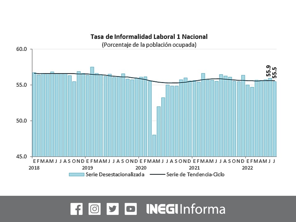 INEGI_INFORMA's tweet photo. En julio de 2022 y con cifras originales, la #PEA fue de 59.5 millones de personas, de esta, 57.4 millones de personas (96.6%) estuvieron ocupadas. Consulta los resultados de la Encuesta Nacional de Ocupación y Empleo #ENOE: https://t.co/2IOPibUP4N #INEGI https://t.co/OeVghcG0My