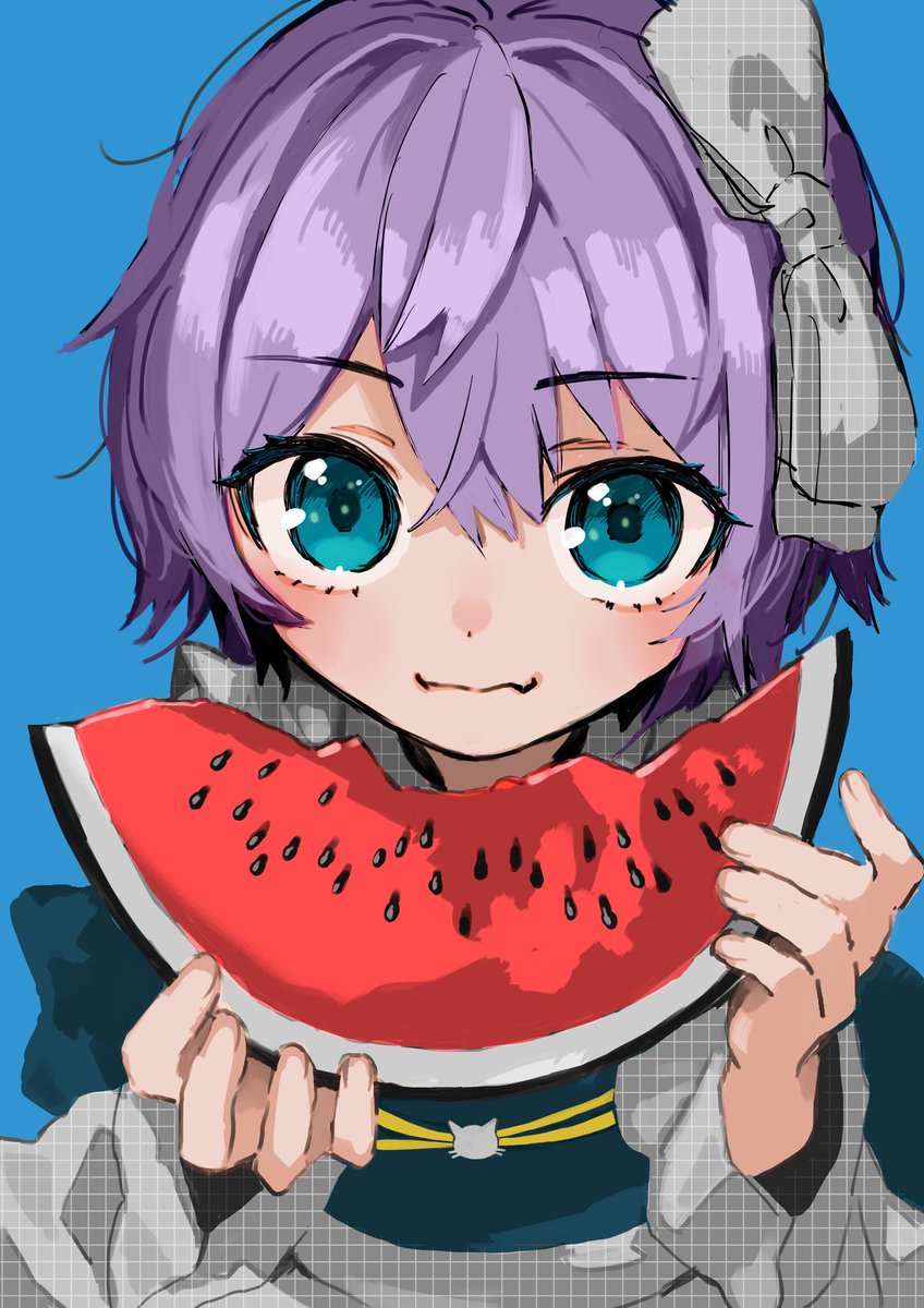 1girl food watermelon fruit solo japanese clothes purple hair  illustration images