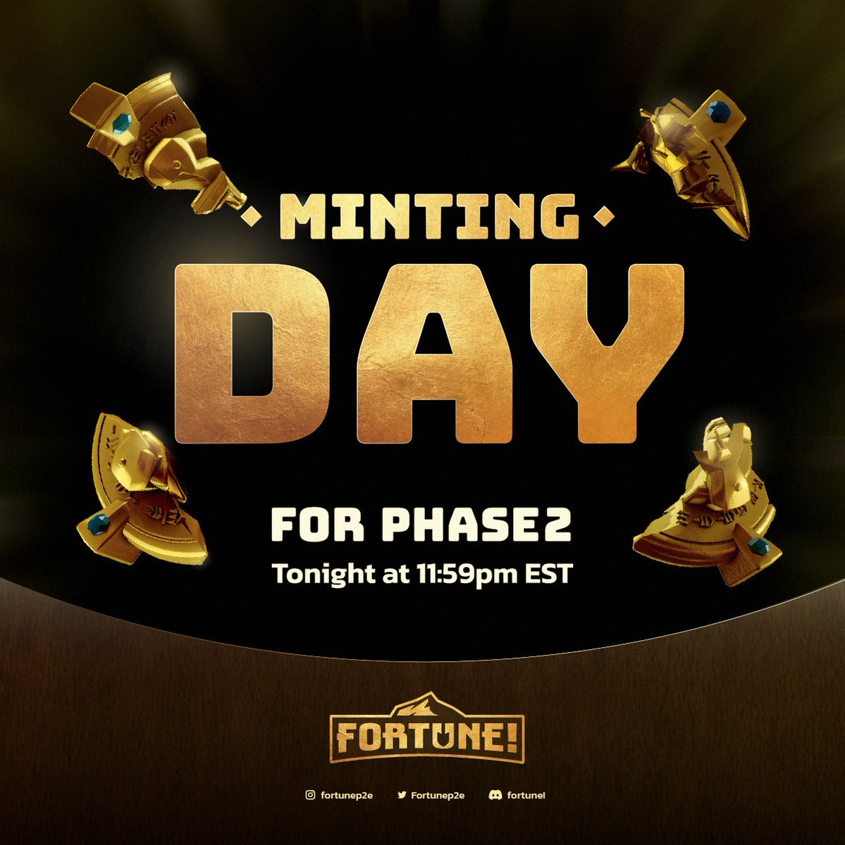 Fortunep2e's tweet photo. It's #MINTING DAY for #PHASE2!!!! Tonight at 11:59pm EST we will be opening up the doors to the remaining #fragments from the artifact explosion last month in the Guild Headquarters; please pay no attention to metal detectors on your way in, our researchers are still rebuilding. https://t.co/67yvQJjhFA
