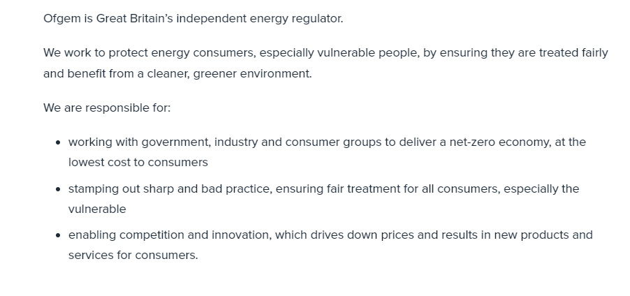 SamMHill89's tweet photo. @GoodLawProject Direct of Ofgems Website this is their apparent role and responsibilities: don't think they are upholding those. They mention twice lower costs. and they aim to stamp out sharp and bad practice. they should take their own advice!! https://t.co/fKxoizyvGh