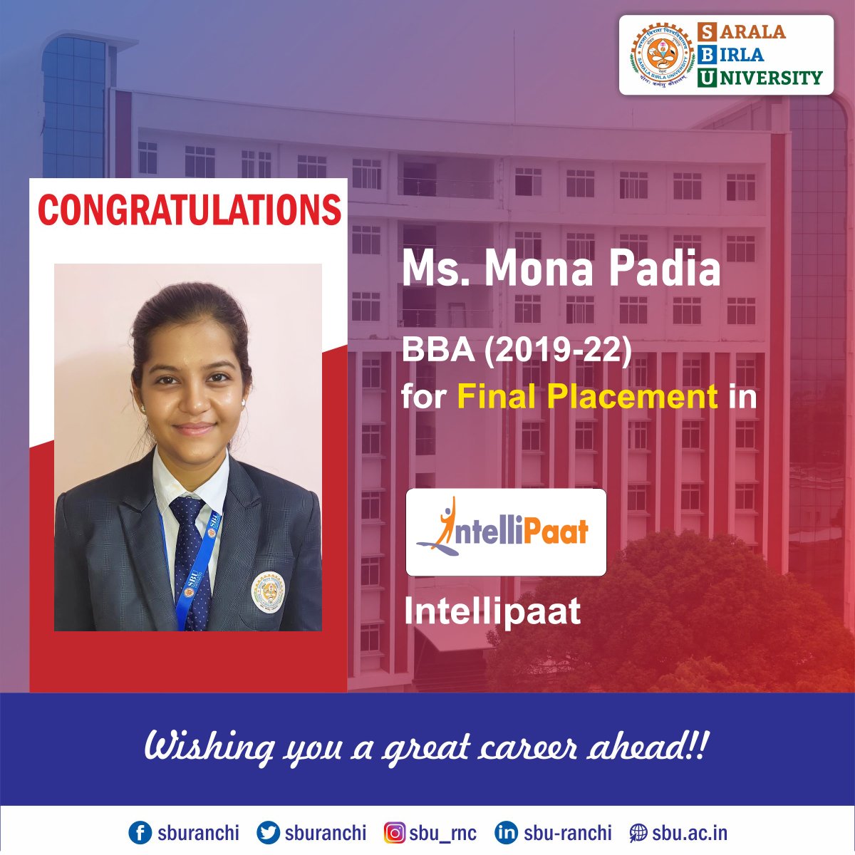 sburanchi's tweet photo. Congratulations to Ms. Mona Padia of BBA 2019-22 Batch for her Final Placement in Intellipaat.
#sbu #sburanchi #campusplacement #finalplacement #bbaplacement #BBA #Intellipaat https://t.co/cFb6AMXOYl