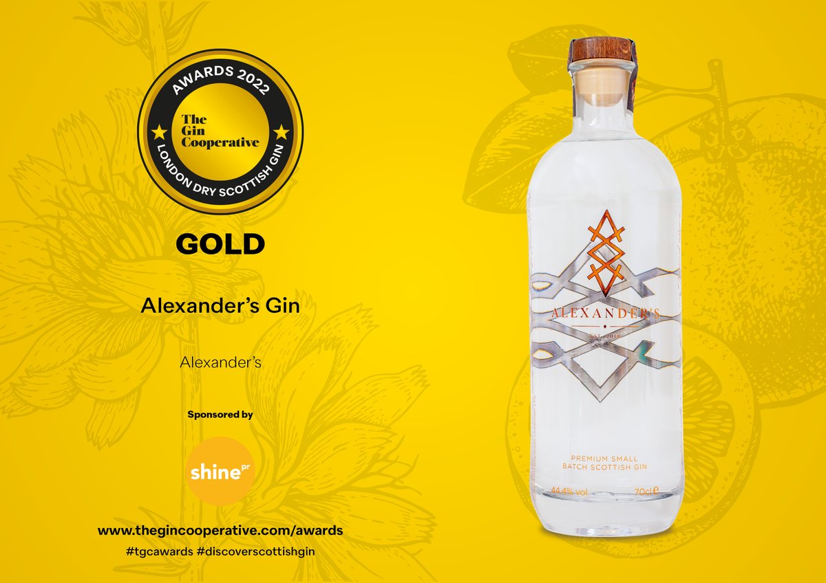 London Dry #ScottishGin Award 2022, sponsored by Shine PR, the comms agency for food &amp; drink, travel, tourism &amp; hospitality

GOLD - Alexander’s Gin (Alexander’s)

Learn more - thegincooperative.com/gin-maker/alex…

#TGCAwards #DiscoverScottishGin

@ShinePRScotland | <a href="/AlexandersGin/">Alexander’s</a>