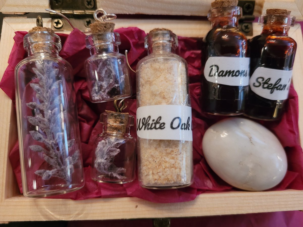 For all my Vampire Diaries n The Originals fans!! 
Keep that Vervain to keep the vamps away or white oak to kill one. 
You can have just TVD, or TO or both!! Comes in different wood chest boxes as shown.  All depends how many you want. 
Got earrings n necklace, Moonstone etc