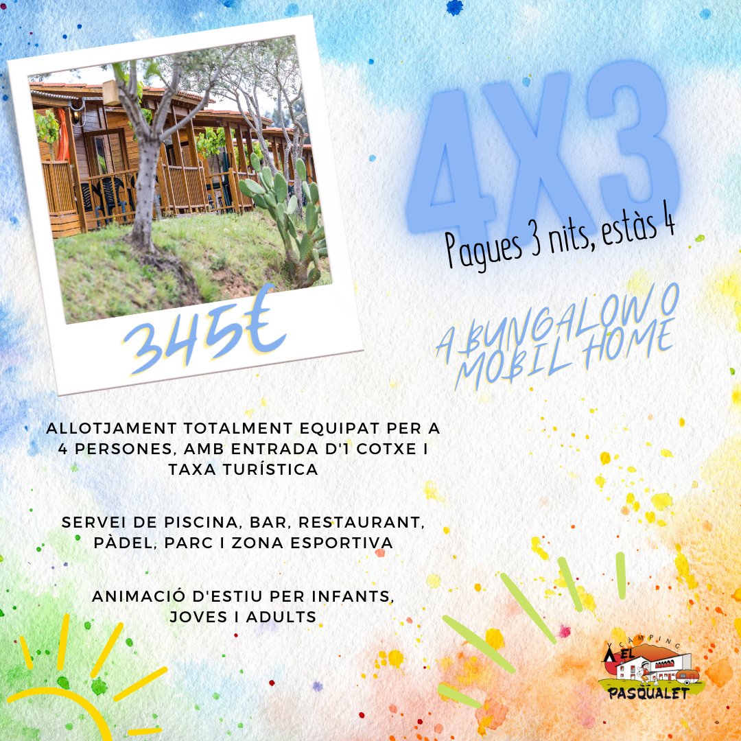 elpasqualet's tweet photo. ACABA L'ESTIU DE LA MILLOR MANERA 😎☀️

4x3 a Bungalow i Mobil Home
29€/nit a parcel·la

Ofertes vàlides fins el 15 de setembre! 

Reserva ja! 

☎️ 938 654 695
📱 617 431 914
📧 info@elpasqualet.com

No aplicable a reserves efectuades abans del dia de la publicació. https://t.co/gxC9Hu4jIp