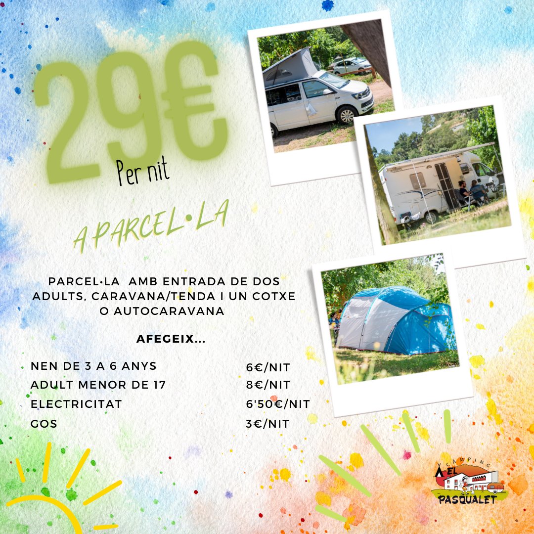 ACABA L'ESTIU DE LA MILLOR MANERA 😎☀️

4x3 a Bungalow i Mobil Home
29€/nit a parcel·la

Ofertes vàlides fins el 15 de setembre! 

Reserva ja! 

☎️ 938 654 695
📱 617 431 914
📧 info@elpasqualet.com

No aplicable a reserves efectuades abans del dia de la publicació.