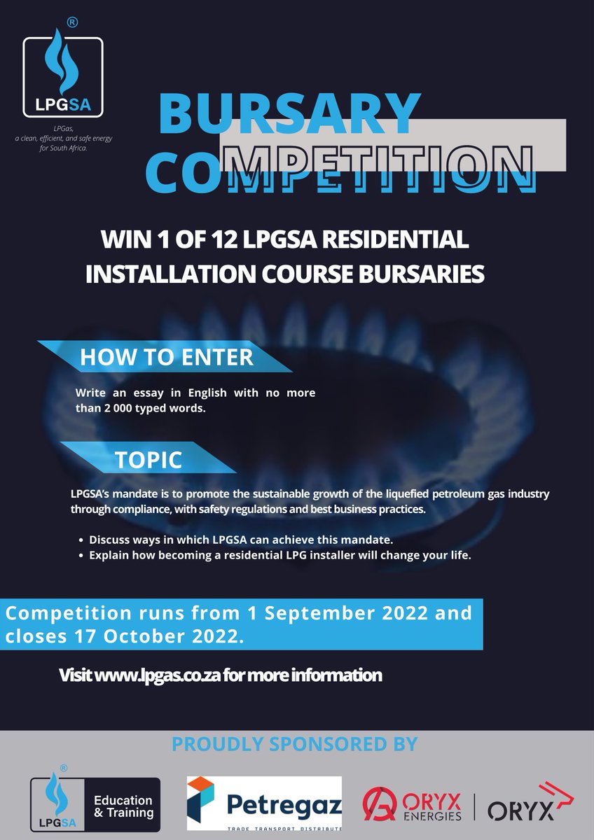 LPGASA's tweet photo. OPPORTUNITY!

Stand a chance to win 1 of 12 LPGSA Residential Installation Course bursaries. visit https://t.co/sefTdWcX4y for more information.

#LPGSA #SouthAfrica #SkillsDevelopment #WINLPG https://t.co/le0TDPwjW3