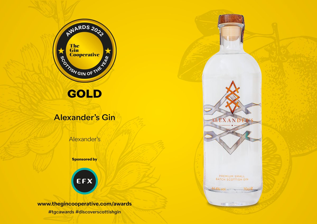 #ScottishGin of the Year Award 2022, sponsored by EFX, the UK’s leading trophy and awards design and manufacturing company

GOLD - Alexander’s Gin (Alexander’s)

Learn more - thegincooperative.com/gin-maker/alex…

#TGCAwards #DiscoverScottishGin

<a href="/EFXAwards/">EFX Awards</a> | <a href="/AlexandersGin/">Alexander’s</a>