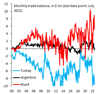 Brazil has come out of COVID in far better shape than most emerging markets, with a trade balance that has vaulted into a big surplus (red). That's the basic reason why our fair value has remained at $/BRL 4.50 for the last two years. Brazil's Real remains 10 percent undervalued.