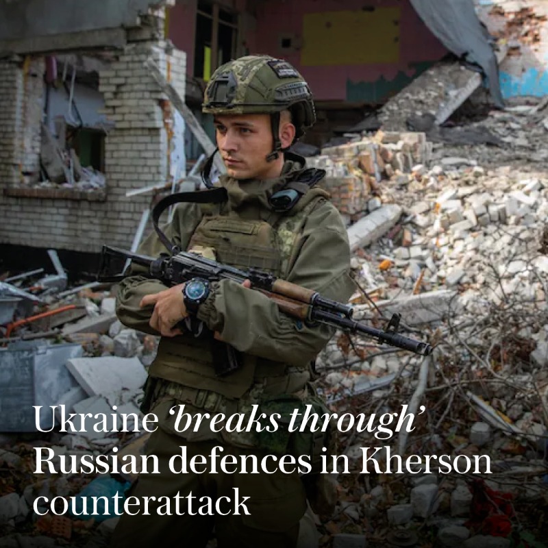 Telegraph's tweet photo. 🇺🇦 Ukrainian troops mounting a counter-offensive have broken through Russian defences in several sectors of the front line near the city of Kherson, a senior advisor to President Volodymyr Zelensky has said.

Follow the latest throughout the day 👇
https://t.co/0ZE01k5pLq
