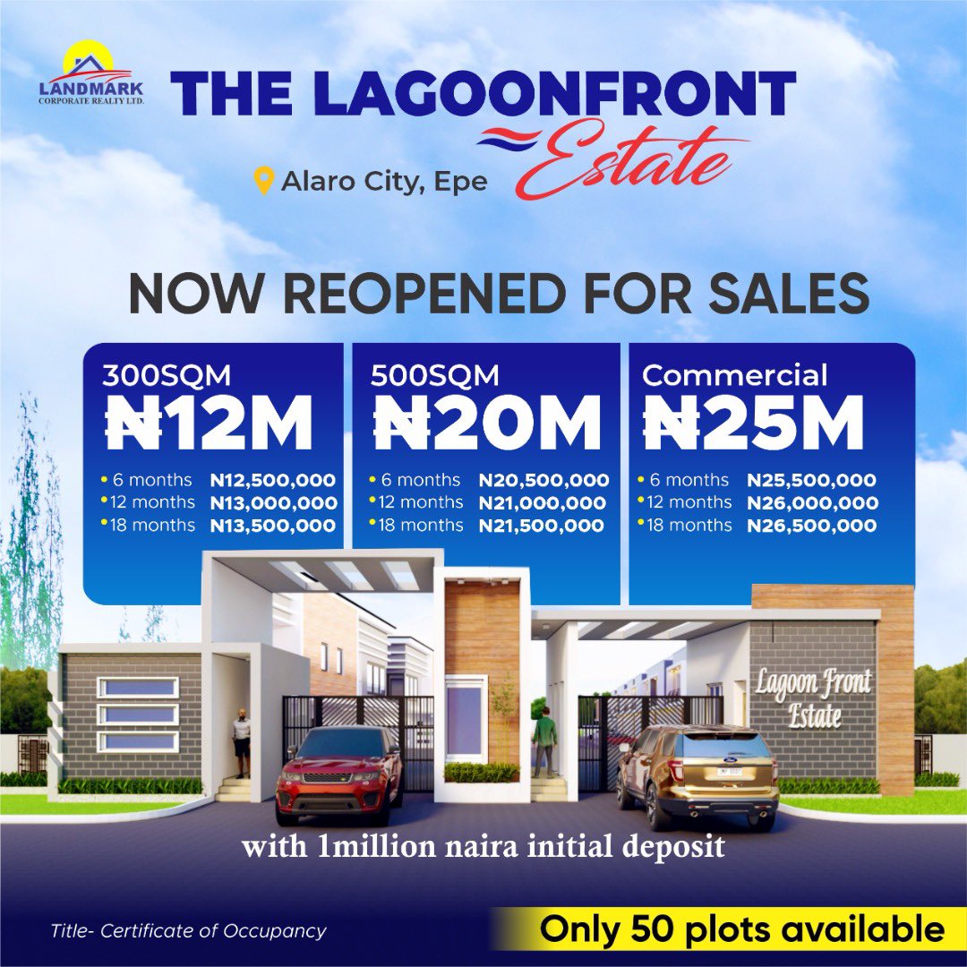 vicbeatz_'s tweet photo. One of the reason why the cheapest plot of land in Banana Island costs ₦900M is its access to the Lagos Lagoon.

Here’s your chance to own a property by the Lekki Lagoon with ₦1M initial deposit.

The Lagoon Front Estate is situated in Alaro City, Epe, Lagos &amp; is 💯 Dry Land. https://t.co/IRnSvdEF5F