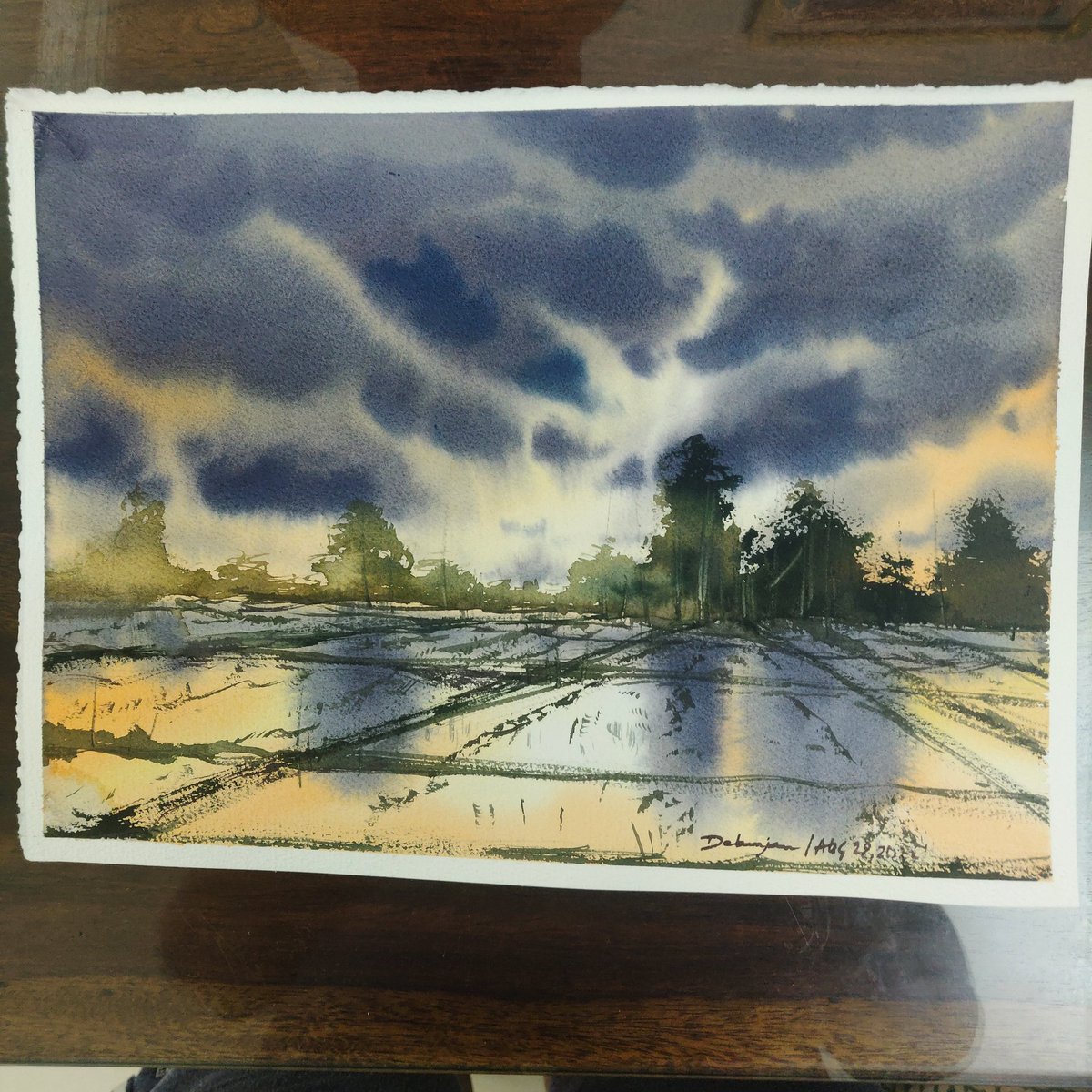 NandyDebanjan's tweet image. Wet on wet, #watercolor #ricefield #Reflection #coursechange #missionmijjelo #paintings #clouds #sky