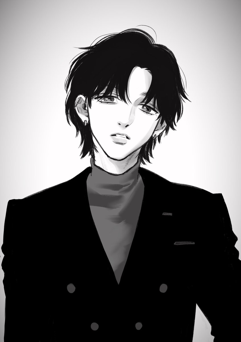黒髪センター分けで黒スーツの細身メンズ というアシスタントさんからのリクエストで 雨花深衣のイラスト