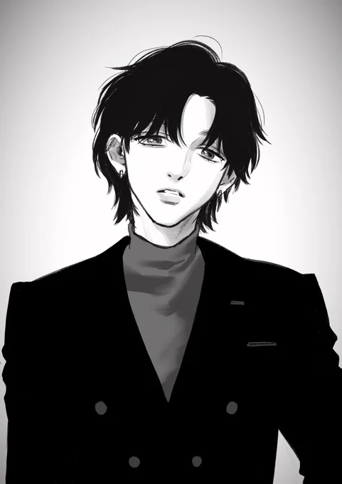 黒髪センター分けで黒スーツの細身メンズというアシスタントさんからのリクエストで描きました何かリクエストありますかー?余裕ある時に描きます(たぶん) 