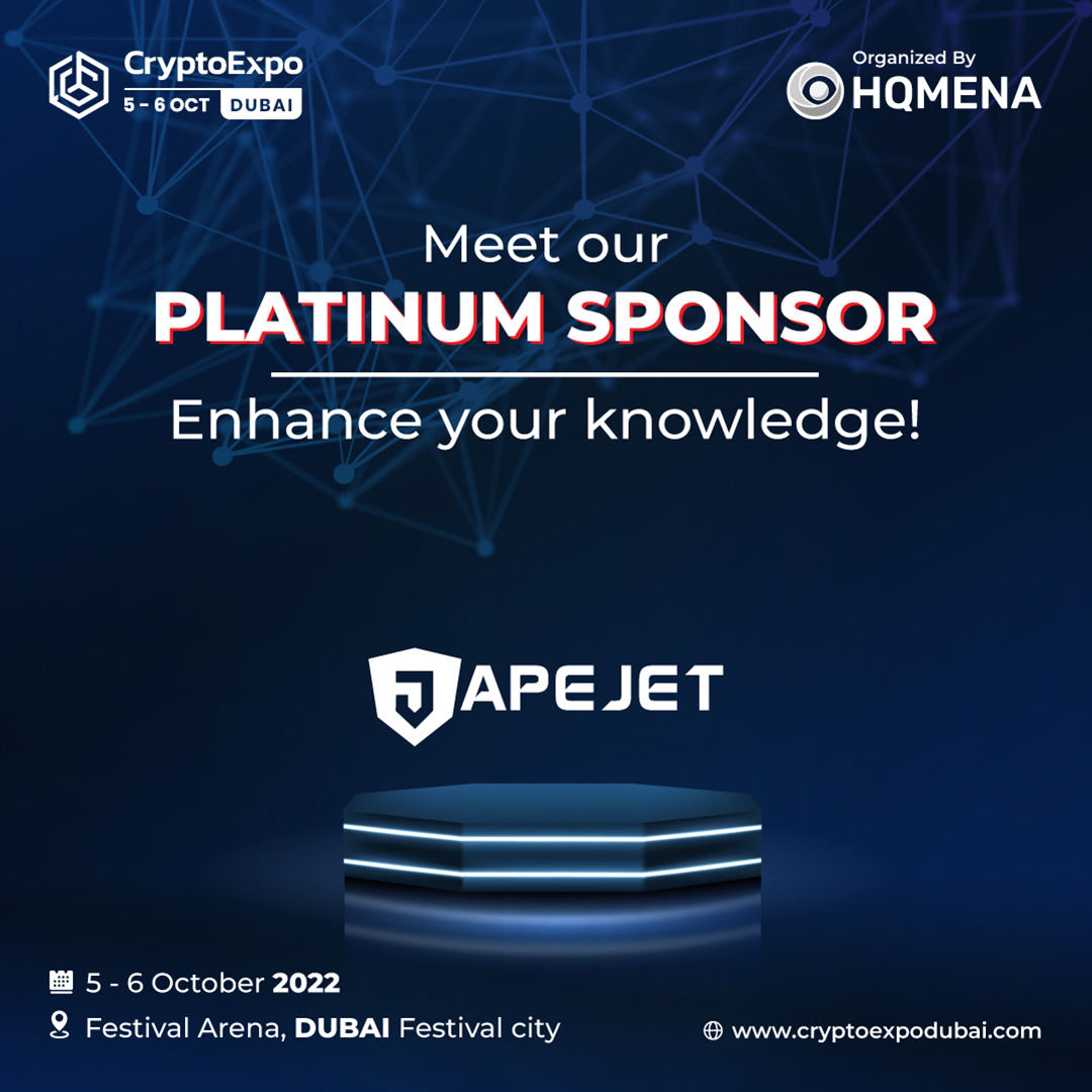 🤝We are excited to announce Apejet as our prestigious sponsor for the most awaited Crypto event in Dubai- Crypto Expo Dubai on 5th &amp; 6th of Oct 2022.

#cryptocurrency #Cryptos #CryptoMarket #cryptoexpodubai #cryptoexpo #hqmena #Event #LOVELYINU #dubai #CED2022 #Apejet