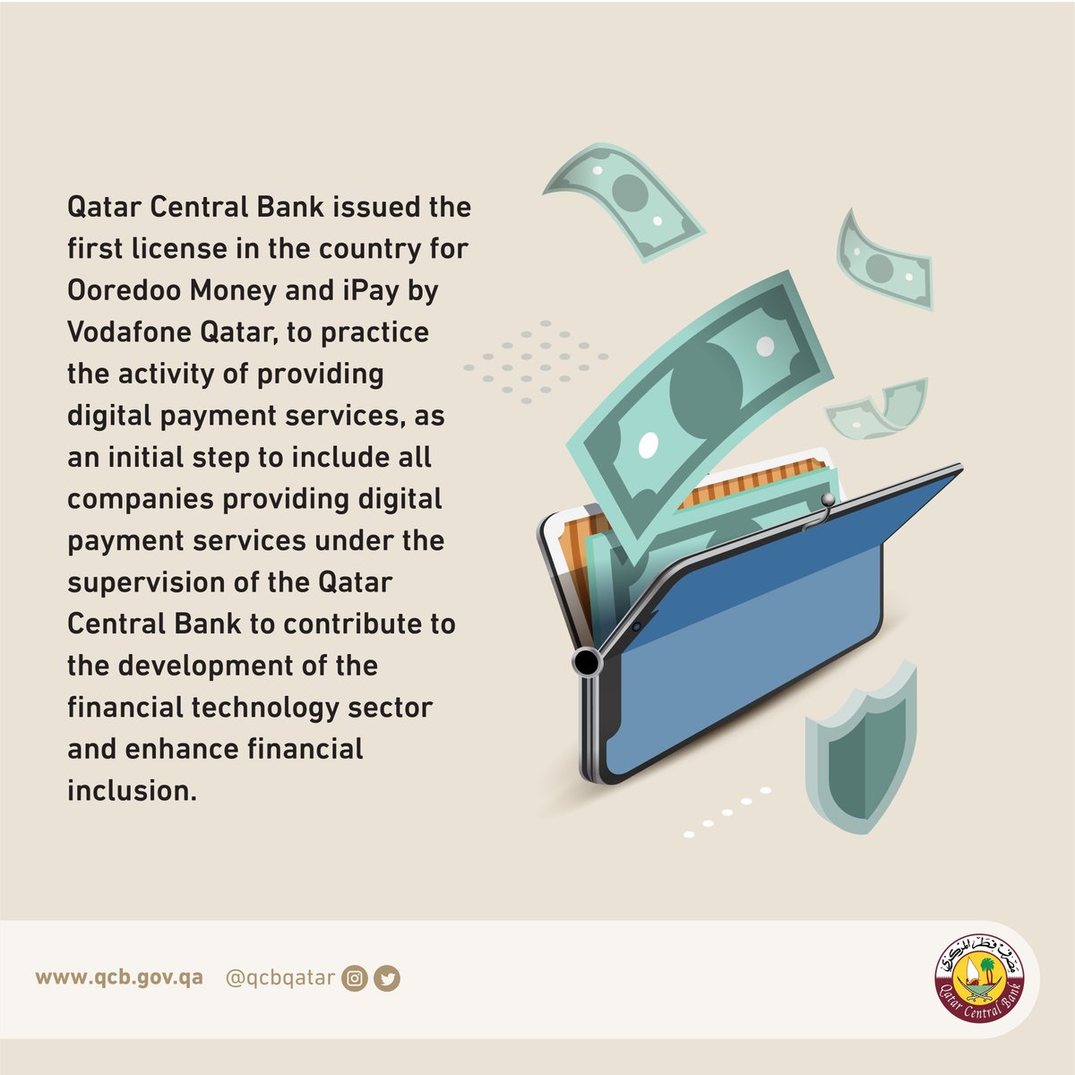 QCBQATAR's tweet photo. أصدر مصرف قطر المركزي أول ترخيص في الدولة لشركتين تمارسان نشاط تقديم خدمات الدفع الإلكتروني.
#مصرف_قطر_المركزي https://t.co/XSqoO1V3SO