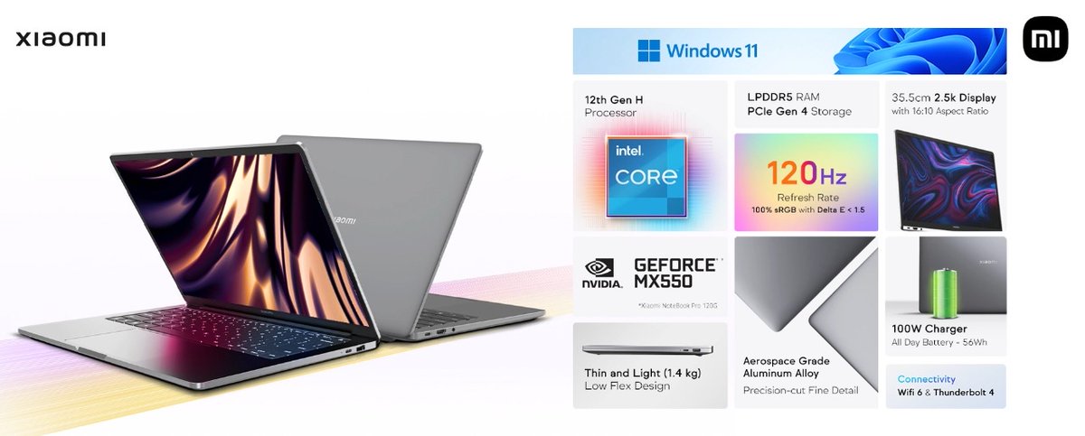 hawkeye's tweet photo. The #XiaomiNoteBookPro 120G has everything you've wished for:

- 120Hz Refresh Rate
- 2.5K resolution
- 12th Gen Intel Processor &amp; Nvidia GeForce MX550
- LPDDR5 with PCIe 4.0 Storage
- Windows 11 
- Thunderbolt 4
- Robust Build
- Wifi 6 &amp; Bluetooth 5.2 

Get #YourNewView today! https://t.co/CSTykIcXuZ