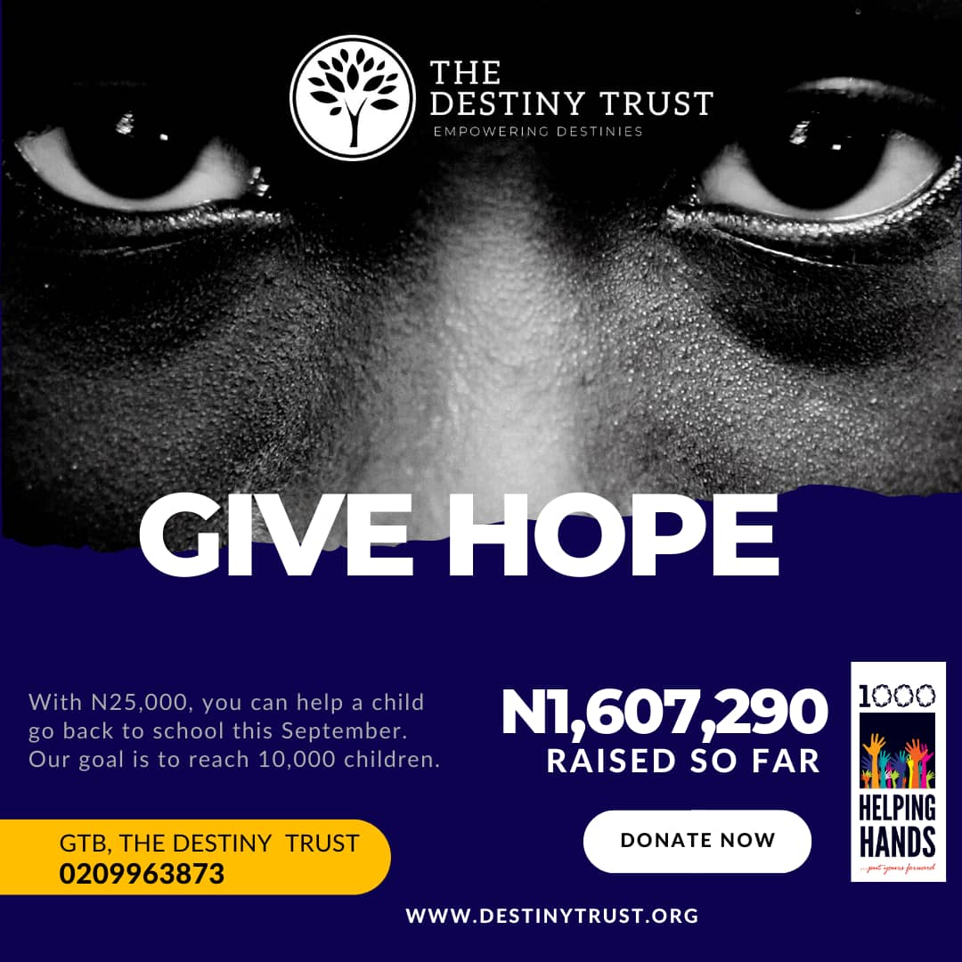 TheDestinyTrust's tweet photo. It's 1 day to the end of #1000HelpingHands campaign and 9936 more children look to us for hope to go back to school.

With 25,000, you can put one more child in school this September. Give: 0209963973, GTB, The Destiny Trust Projects or via
https://t.co/tnaPTPWYeA https://t.co/erPrhWJBNW