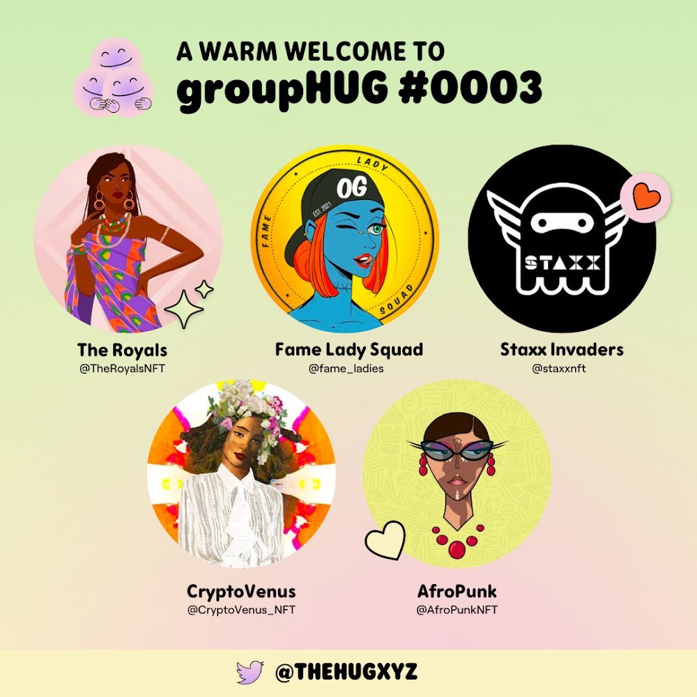 CryptGem's tweet photo. The @AfroPunkNFT joins the latest members of groupHUG @thehugxyz along with @TheRoyalsNFT @fame_ladies @staxxnft @CryptoVenus_NFT
"Building the inclusiverse" https://t.co/mvq3vzZwhD
#AfroPunkNFT #JoinTheMonarchy #NFTCommunityb https://t.co/7f3hjKh5lQ