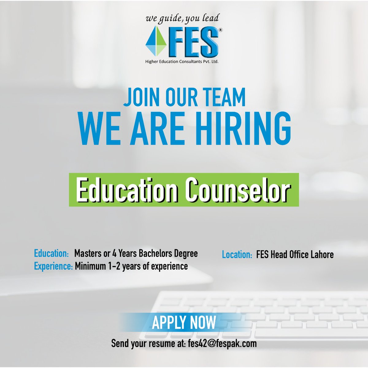 FESConsultants's tweet photo. We are Hiring!
Education Counselor
Send your resume at fes42@fespak.com

#fes #fes2022 #opportunity #Career #Job 
#studyabroad #hiring #jobsearch #opportunities #lahore #lahorejobs #education #Counselor  #educationcounselor #counseling #staffrequired #joinourteam https://t.co/FROF3xYbQr