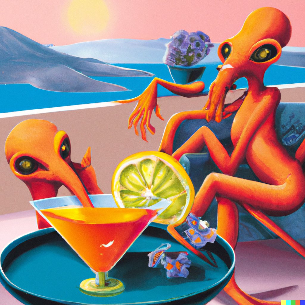 Mudokons from the game Abe's Odyssey drinking Aperol Spritz on a balcony #dalle2 <a href="/OddworldInc/">Oddworld 🔜 GDC</a>