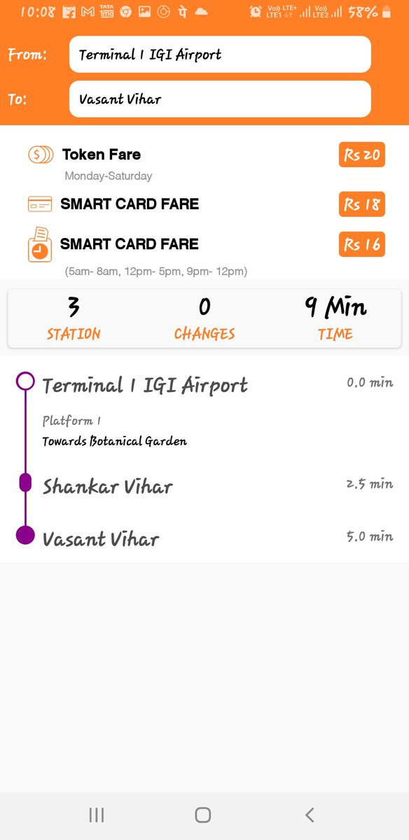 sharmilpardeep's tweet photo. @OfficialDMRC  domestic airport to palam mantro 3 stop, 9 min. Fare 30rupees,
But domestic to vasant vihar metro 3 stop, 9 min travelling time, 20 rupees fare
Same 3 station same time, same distance phir fare jyada kyu....
Yh  kaisa majak hai passenger sath https://t.co/lov4PbslWj