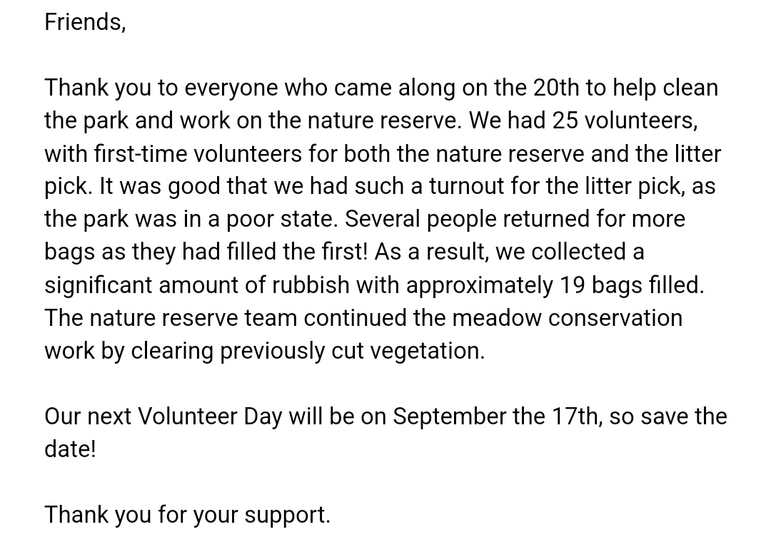 CassioburyFOCP's tweet photo. 🌳Thank you to everyone who came along on the 20th to help clean the park and work on the nature reserve. We had 25 volunteers, with first-time volunteers for both the nature reserve and the litter pick. 🌳

#Watford #Cassiobury

@HMWTBadger https://t.co/Ukn5aLsJOX