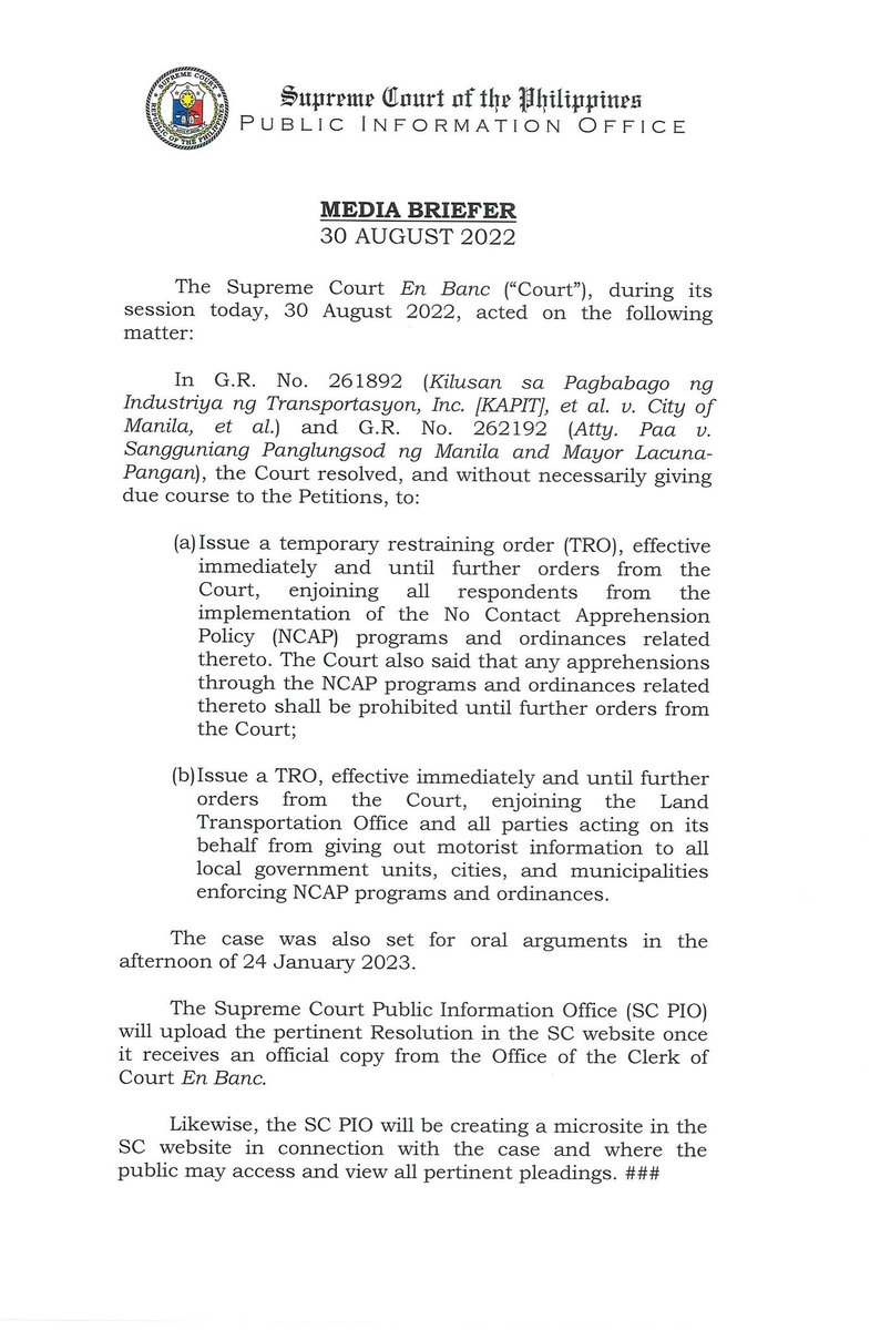 JUST IN: Supreme Court issues temporary restraining order (TRO) in No Contact Apprehension Policy Petitions. | via <a href="/SCPh_PIO/">Philippine Supreme Court Public Information Office</a>