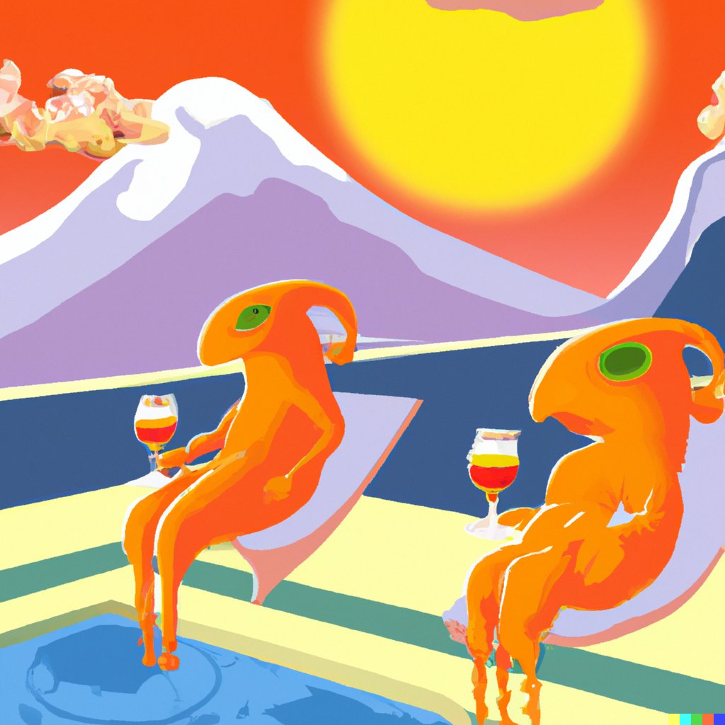 Mudokons from the game Abe's Odyssey drinking Aperol Spritz on a balcony #2 (this one looks more like them) #dalle2 <a href="/OddworldInc/">Oddworld 🔜 GDC</a>