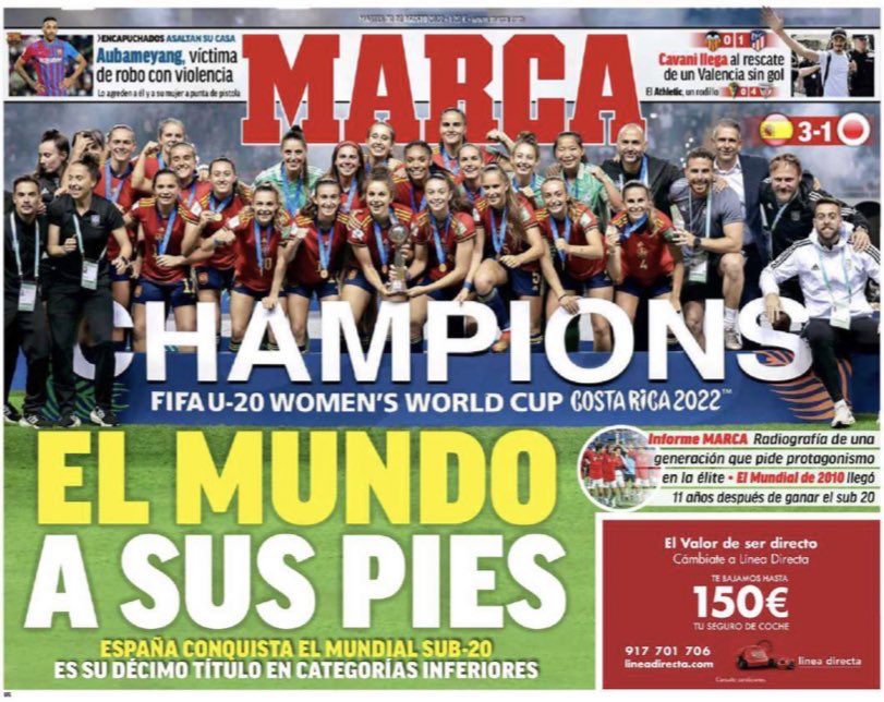 deportegob's tweet photo. 😍 No nos puede gustar más ver a las flamantes 𝗖𝗔𝗠𝗣𝗘𝗢𝗡𝗔𝗦 de la @SEFutbol Sub-20 en las portadas 📰⚽️

Y vendrán muchas otras. 

Porque el futuro es vuestro 🤩❤️💪🏻 https://t.co/xvZ3y8GVpz