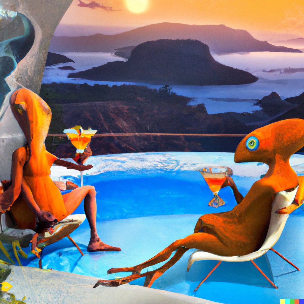Mudokons from the game Abe's Odyssey drinking Aperol Spritz on a balcony #3 #dalle2 <a href="/OddworldInc/">Oddworld 🔜 GDC</a>