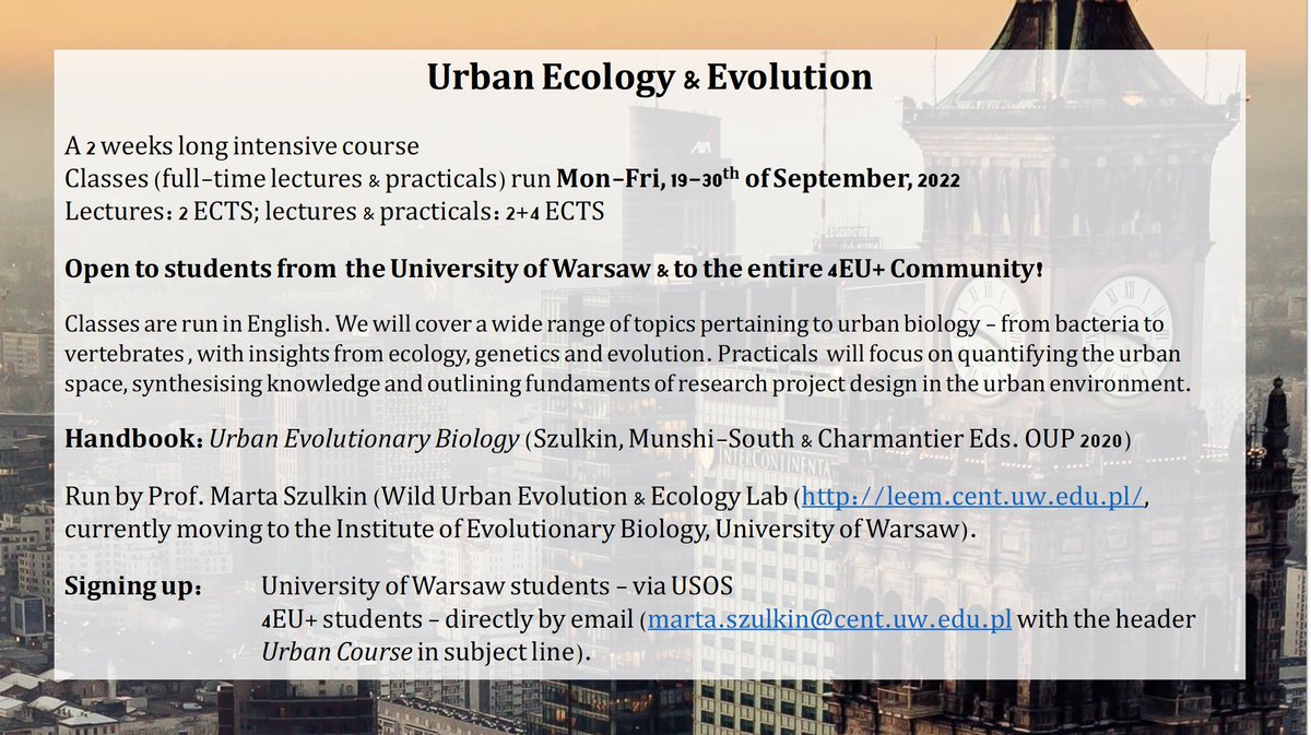 IBE_Warszawa's tweet photo. Our new 2-week intensive course 'Urban Ecology &amp; Evolution', led by @MartaSzulkin, starts in September 19th! Registration is open. The course will be held in English and is open to students from @UniWarszawski and the @4EUplusAlliance program! https://t.co/P8NVfKiXiC