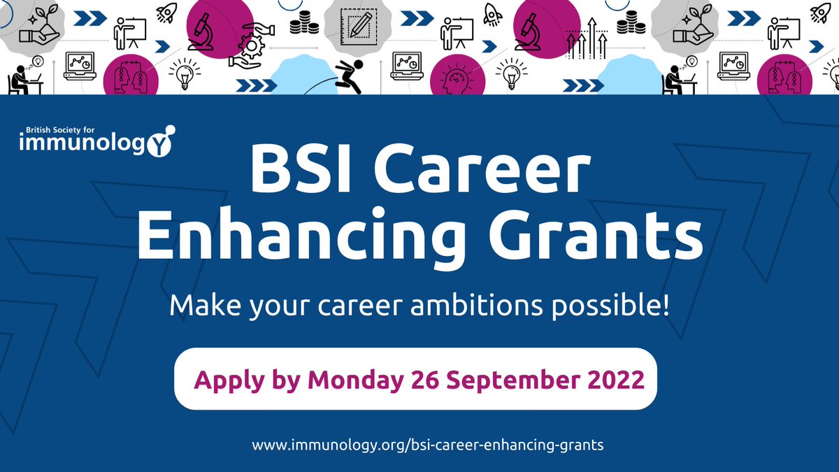 Invest in your future #CareersInImmunology through our Career Enhancing #Grants 💸

We’re welcoming applications from BSI members across many #career stages &amp; in all sectors of #immunology 🙌

Submit your application by Monday 26 September ➡️bit.ly/3uCMdp9 #ECRchat