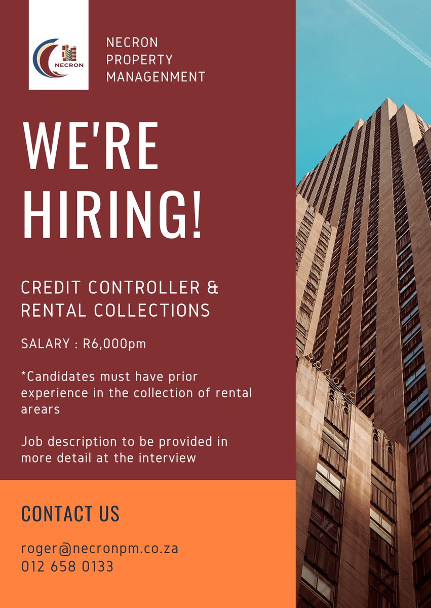 PropertyNecron's tweet photo. We are Hiring! !

If you live in and around Pretoria and have prior experience as a Credit Controller or in Arears collection, please do not hesitate to send in your CV to the email below or give us a call to book and interview!!

#Pretoria #Centurion #centurionmall https://t.co/Pj1k34GMDY