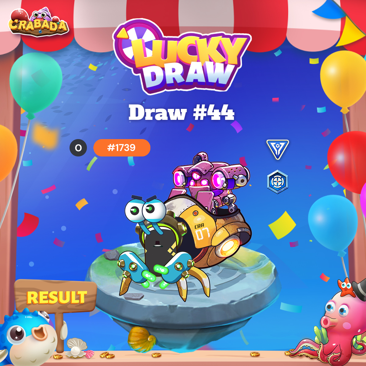 📢Dear Crabadians!

Draw #44 has ended with a total of 1,503 entries!

CONGRATS TO THE WINNER!🦀🥳
🎟️#153

It's time to get lucky with Daily Crabada Draw #45 with a GENESIS AMIDA!🍀✨
JOIN NOW👉staking.crabada.com/lucky-draw