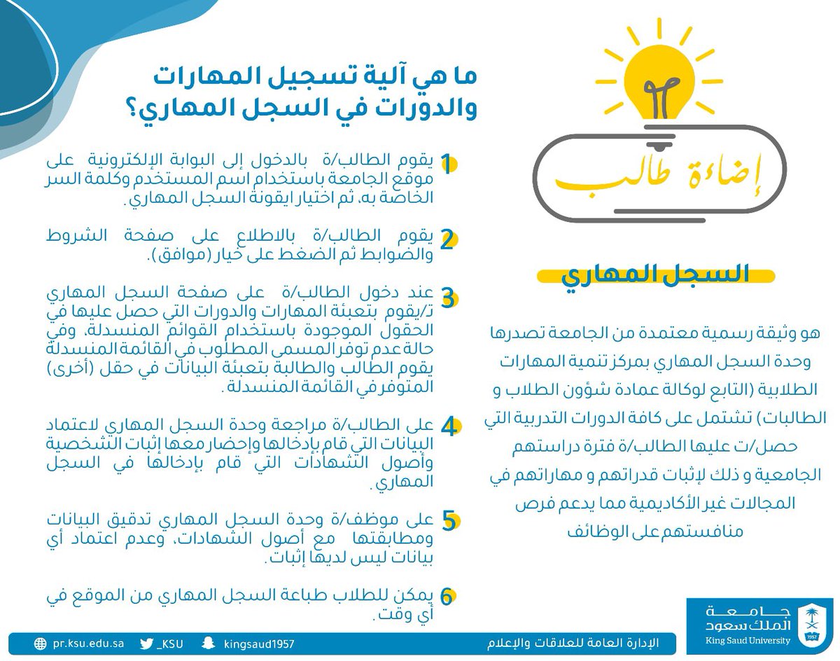 _KSU's tweet photo. ما هي آلية تسجيل المهارات والدورات في السجل المهاري؟

#جامعة_الملك_سعود https://t.co/BMbAgl0dGJ