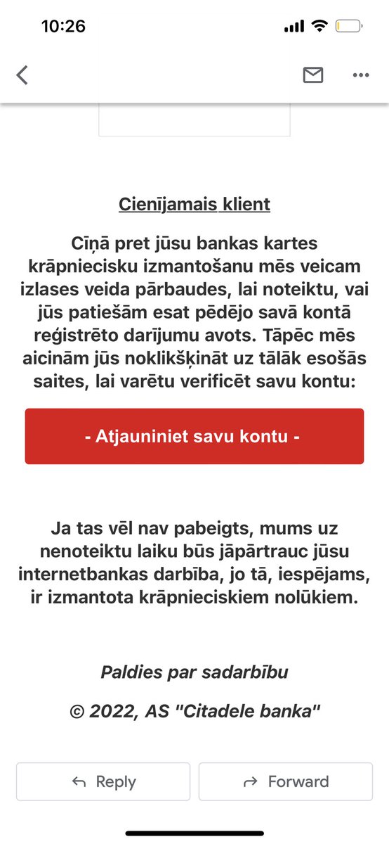 EdvardsV's tweet photo. @Citadele Sveicināti! Jūsu vārdā tiek izsūtīti krāpnieciski epasti. Saņēmu šādu. https://t.co/ezQfbgSu0W