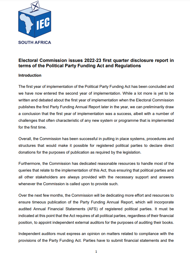 IECSouthAfrica's tweet photo. MEDIA RELEASE: Electoral Commission issues 2022-23 first quarter disclosure report in terms of the Political Party Funding Act and Regulations https://t.co/GmO7vsQr76