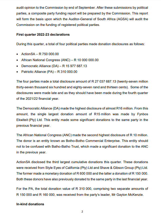 IECSouthAfrica's tweet photo. MEDIA RELEASE: Electoral Commission issues 2022-23 first quarter disclosure report in terms of the Political Party Funding Act and Regulations https://t.co/GmO7vsQr76