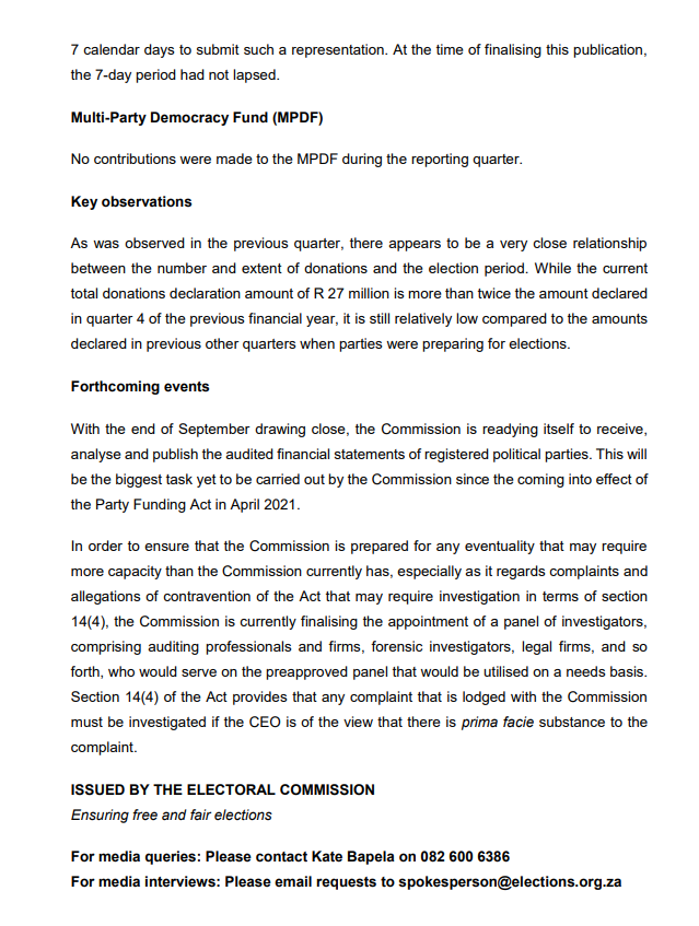 IECSouthAfrica's tweet photo. MEDIA RELEASE: Electoral Commission issues 2022-23 first quarter disclosure report in terms of the Political Party Funding Act and Regulations https://t.co/GmO7vsQr76