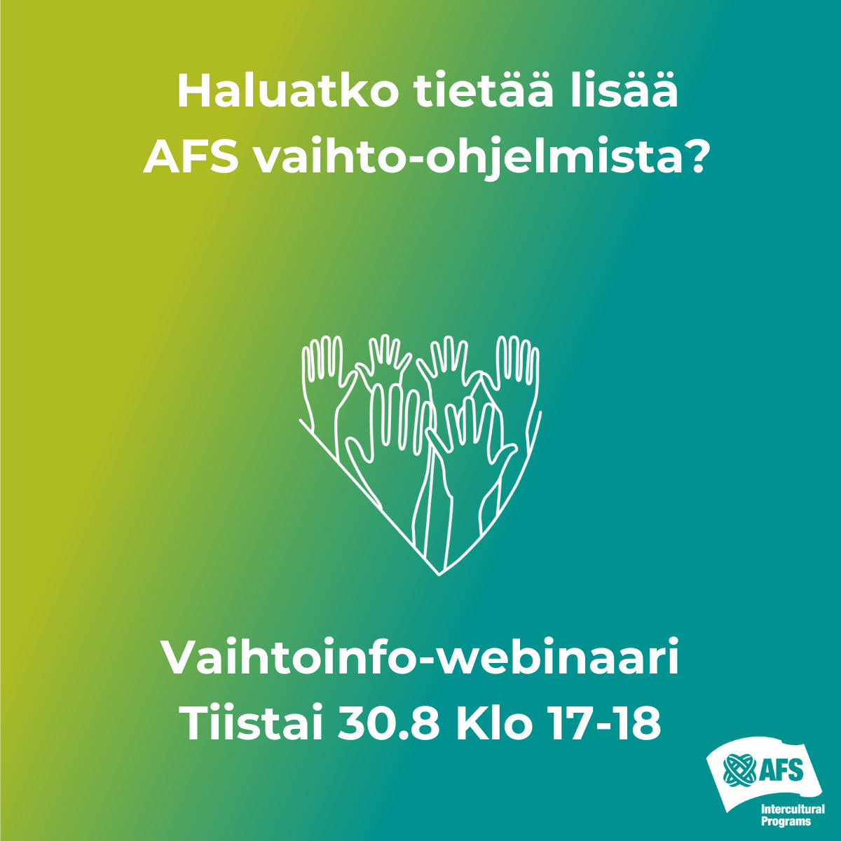 AFSFinland's tweet photo. Vaihtoinfo-webinaari tänään 30.8 Klo 17 🤩⁣

Vaihtoinfo-webinaari on täydellinen tilaisuus kysyä AFS:n toimiston työntekijältä kysymyksiä. Mikäli #vaihtovuosi kiinnostaa niin ilmoittaudu AFS:n vaihtoinfo-webinaariin!

Ilmoittautuminen 👉 https://t.co/k0KriFFKY5    https://t.co/GKDFrWSmd8