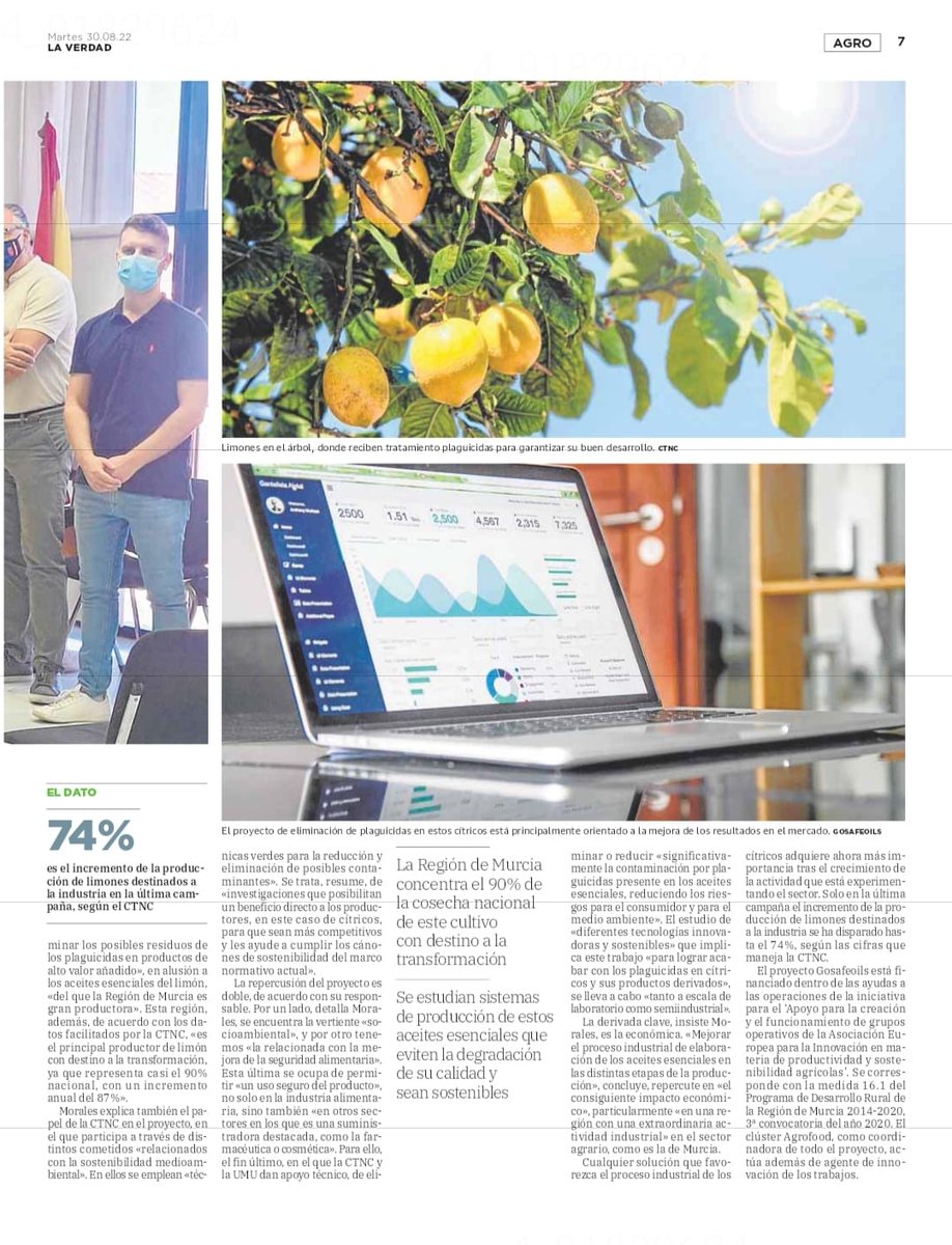 👏Gracias a <a href="/laverdad_es/">laverdad_es</a> por difundir nuestro trabajo 
🍋Innovación para obtener aceites esenciales de limón libres de plaguicidas en el marco de una producción agrícola segura
#proyecto #GOSAFEOILS
🔗gosafeoils.es
<a href="/ailimpo/">AILIMPO</a> 
#Tana  
#Citromil
#CítricosMurcia