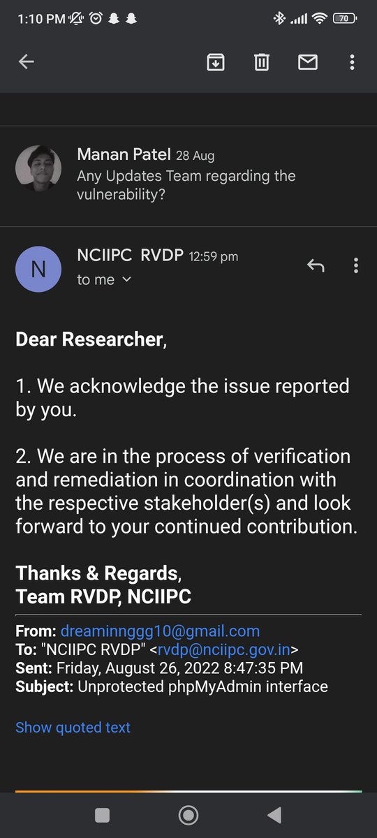 0xManan's tweet photo. Received 3 acknowledgements from Indian Government!! @NCIIPC 🥳🫂
Bug 1: phpmyadmin panel exposed with admin privileges!
Bug 2: log file information disclosure till present!
Bug 3: CVE-2017-5487
#bugbountytips #infosec #cybersecurity https://t.co/UnGCsgUVWh
